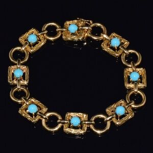 VINTAGE MID-CENTURY SOLID 18K GOLD & NATURAL PERSIAN TURQUOISE BRACELET